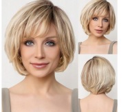 JA857 Peruki Damskie Bob Włosy Peruka Ombre Brąz 41cm Naturalny + Wig Cap