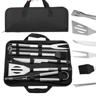 ZESTAW DO GRILLA AKCESORIA łopatka szczypce PRZYBORY STALOWE w etui 9el.