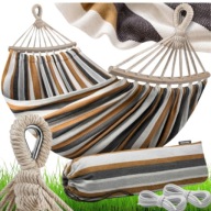 HAMAK DWUOSOBOWY PLAŻOWY OGRODOWY STELAŻ DREWNIANY DUŻY 260x150cm BEŻOWY