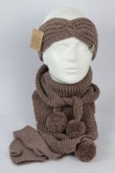 Wełniany zestaw zimowy 3w1 chusta, opaska, mitenki, wełna merino,ciemny beż