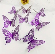 Cudne Duże Mieniące Motyle 3D Purpura Mocny Fiolet Ażurowe koronka 12 szt