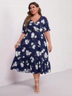 Okazja !_NOWA stylowa WYSZCZUPLAJACA sukienka granat KWIATY_falbana_44/46