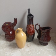 Zestaw wyrobów z ceramiki - pijałka, figurka, dzbanuszek, mlecznik