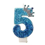 Świeczka Cyfra 5 z Koroną NIEBIESKA na tort urodzinowy