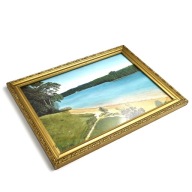 Obraz olejny na tekturze Jagodziński pejzaż jezioro las złota rama lata 50