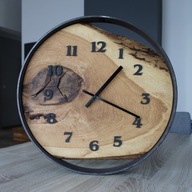 Okrągły dębowy zegar ścienny w obręczy stalowej | średnica 45cm