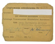 LEGITYMACJA POLSKIE TOWARZYSTWO MIŁOŚNIKÓW ASTRONOMII KRAKÓW 1954 r.