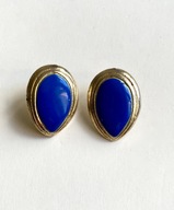 Kolczyki vintage stare 50s złote metalowe z kobaltowym oczkiem