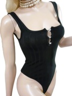 Bershka czarne prążkowane body dekolt guziki cyrkoniami XS