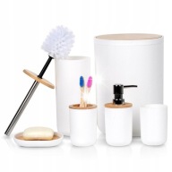 Zestaw ŁAZIENKOWY kubek szczotka WC kosz na śmieci dozownik mydła podstawka