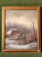 Zimowy zmierzch nad wioską - duży, ręcznie malowany obraz olejny na płótnie