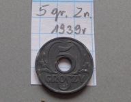 5 groszy z 1939 roku cynk ŁADNE , GENERALNA GUBERNIA