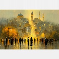 Stare miasto Malta Valetta obraz olejny na płótnie 58x85 złoty żółty ludzie