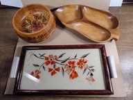 PRL zestaw starych drewnianych pojemników i taca do herbaty prezent