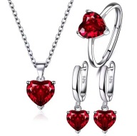 MD elegancki zestaw komplet naszyjnik kolczyki pierścionek CZERWONY | S925