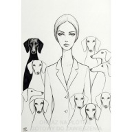 Kobieta z jamnikami szkic obraz na płótnie 55x80 czarno biały psy pupil art