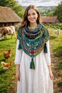 BESTSELLER_PIĘKNA WEŁNIANA MIĘKKA SZYDEŁKOWA CHUSTA BOHO Z TRZEMA CHWOSTAMI