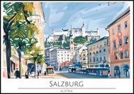A2 PLAKAT MIASTO SALZBURG AUSTRIA ALPY TWIERDZA HOHENSALZBURG AKWARELA