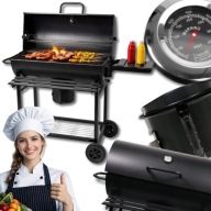 GRILL WĘGLOWY OGRODOWY Z POKRYWĄ DUŻY BECZKA RUSZT TERMOMETR POPIELNIK KOŁA