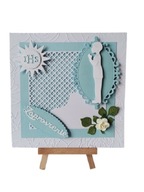 ZAPROSZENIA KOMUNIA CHŁOPIEC W RAMCE KORONKOWEJ K4 BŁĘKIT - BIEL