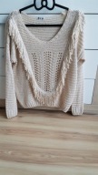 sweter kremowy ażurowy 38/40 pleciony z frędzlami