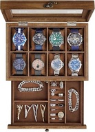 Pudełko organizer na zegarki 8 przegródek lite drewno szklana pokrywka