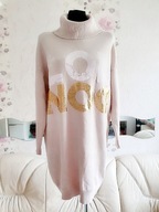 SUKIENKA JASNOBEŻOWA golf prążkowana TUNIKA SEXY na zime wieczór sweterkowa