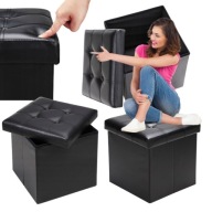 PUFA PIKOWANA CZARNA SKŁADANA KUFER SIEDZISKO ŁAWA SCHOWEK SKRZYNIA SKÓRA