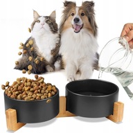 PODWÓJNA MISKA CERAMICZNA 400ML CZARNA DREWNIANA PODSTAWKA DLA PSA I KOTA