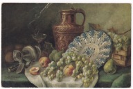 Martwa Natura Winogrona jabłka Zastawa stołowa 1920r. K. Neppel