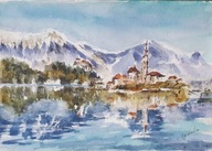 Akwarela Obraz Pejzaż Słowenia Jezioro Bled