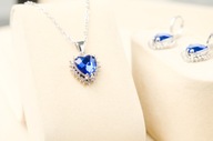 Srebrny Komplet Biżuterii Serca Niebieskie Szafirowe Naszyjnik Kolczyki 925
