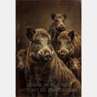 Dziki, stary obraz olejny na płótnie 58x85 brązowy portret dzik rodzina