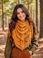 PRZEPIĘKNA WEŁNIANA MIĘKKA CIEPŁA W 3D SZYDEŁKOWA CHUSTA BOHO, KOL. KURKUMA