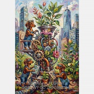 Jamniki produkują rośliny w mieście obraz olejny na płótnie 58x85 maszyna