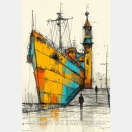 Statek szkic rysunek akwarela kolor obraz na płótnie 55x80 port żółty