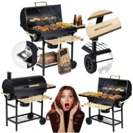 GRILL WĘGLOWY OGRODOWY DUŻY RUSZT OKRĄGŁY STALOWY BECZKA Z KOMINEM PÓŁKI