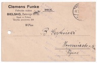 Bielsko C. Funke Fabryka Sukna do Nowe Miasto ok.1930r. Karta Firmowa