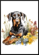A2 PLAKAT PIES W KWIATACH RASA DOBERMAN