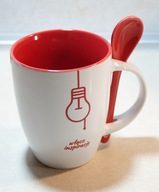 Ładny kubek z łyżeczką ceramiczną, biało-czerwony, z logo, pudełko