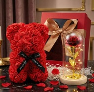 ZESTAW PREZENT MIŚ Z RÓŻ WIECZNA RÓŻA W SZKLE LED WALENTYNKI DZIEŃ KOBIET