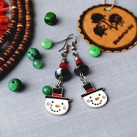 CHRISTMAS święta kolczyki bałwanek hematyt czerwień biel BlackberriesArts