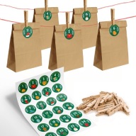 KALENDARZ ADWENTOWY DIY- 24 TOREBKI + 24 NAKLEJKI + 24 KLAMERKI -ZESTAW XXL