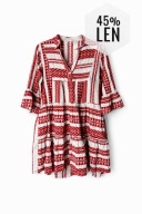 Lniana krótka sukienka boho w czerwone wzory z falbanami, włoska M, 45% len