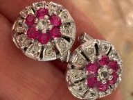 Kolczyki klipsy stare srebrne wiszące kwiatki kamień rubin cz. kompletu