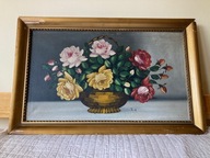 PRZEDWOJENNY OBRAZ OLEJNY, PŁÓTNO, KOLOROWE PIWONIE W WIKLINOWYM KOSZU