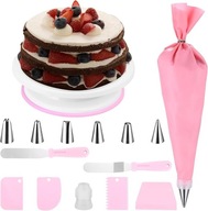 ZESTAW 14 AKCESORIÓW DO TORTÓW – OBROTOWA PATERA + KOŃCÓWKI + SZPATUŁKI