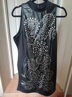 sukienka midi 44 46 rainbow czarna beż przód eco skóra strecz