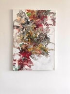 Finał WOŚP, obraz akrylowy 50x70cm, pouring, szary, srebrny, złoty, bordowy