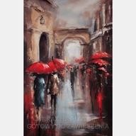 Stare miasto ludzie czerwone parasole obraz olejny na płótnie 58x85 wydruk